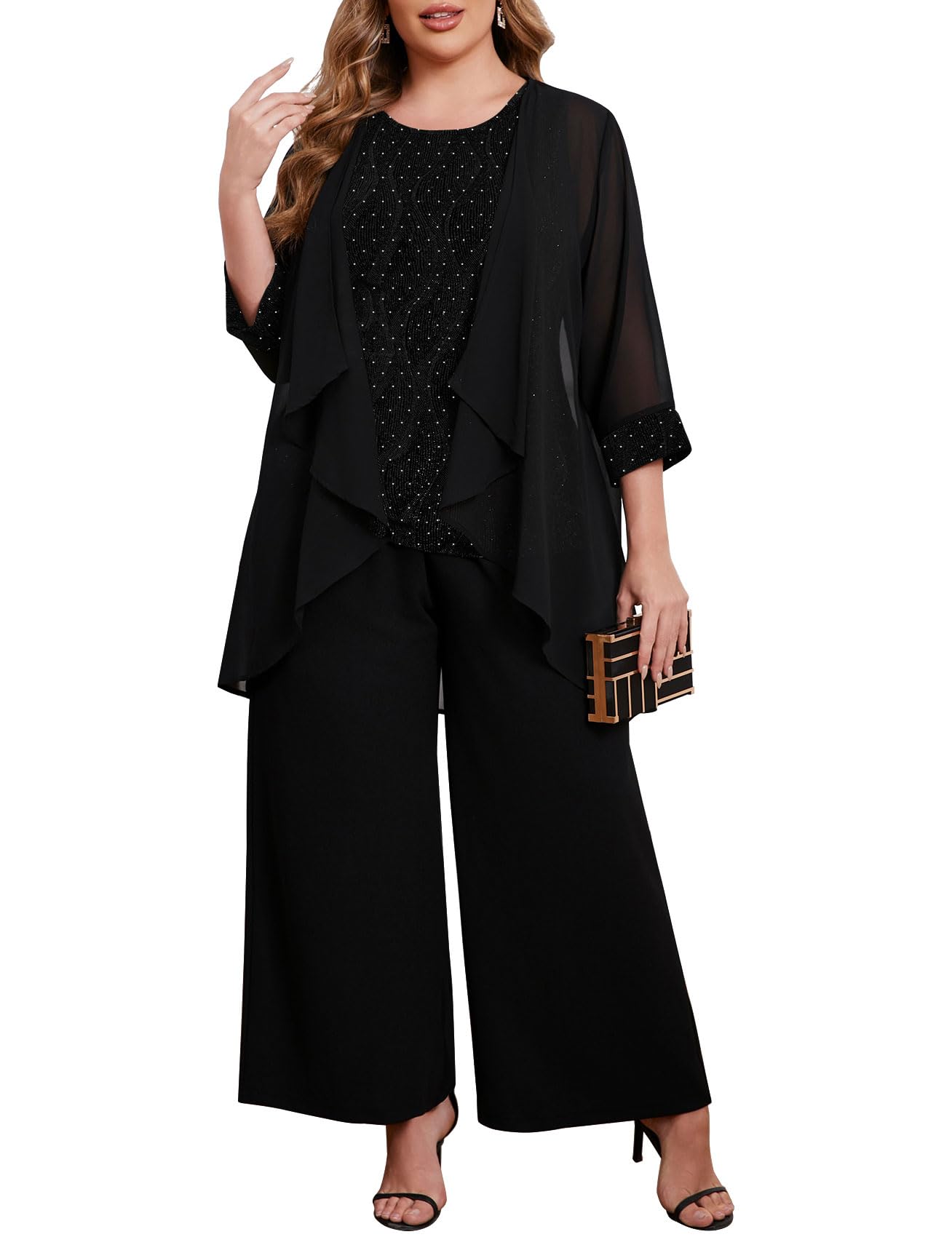 zomva Plus Size 3 Piece Formal Pantsuit Sparkly Chiffon Jacket Set Dressy Outfit Mother of The Bride Groom Wedding Cocktail-picture-50