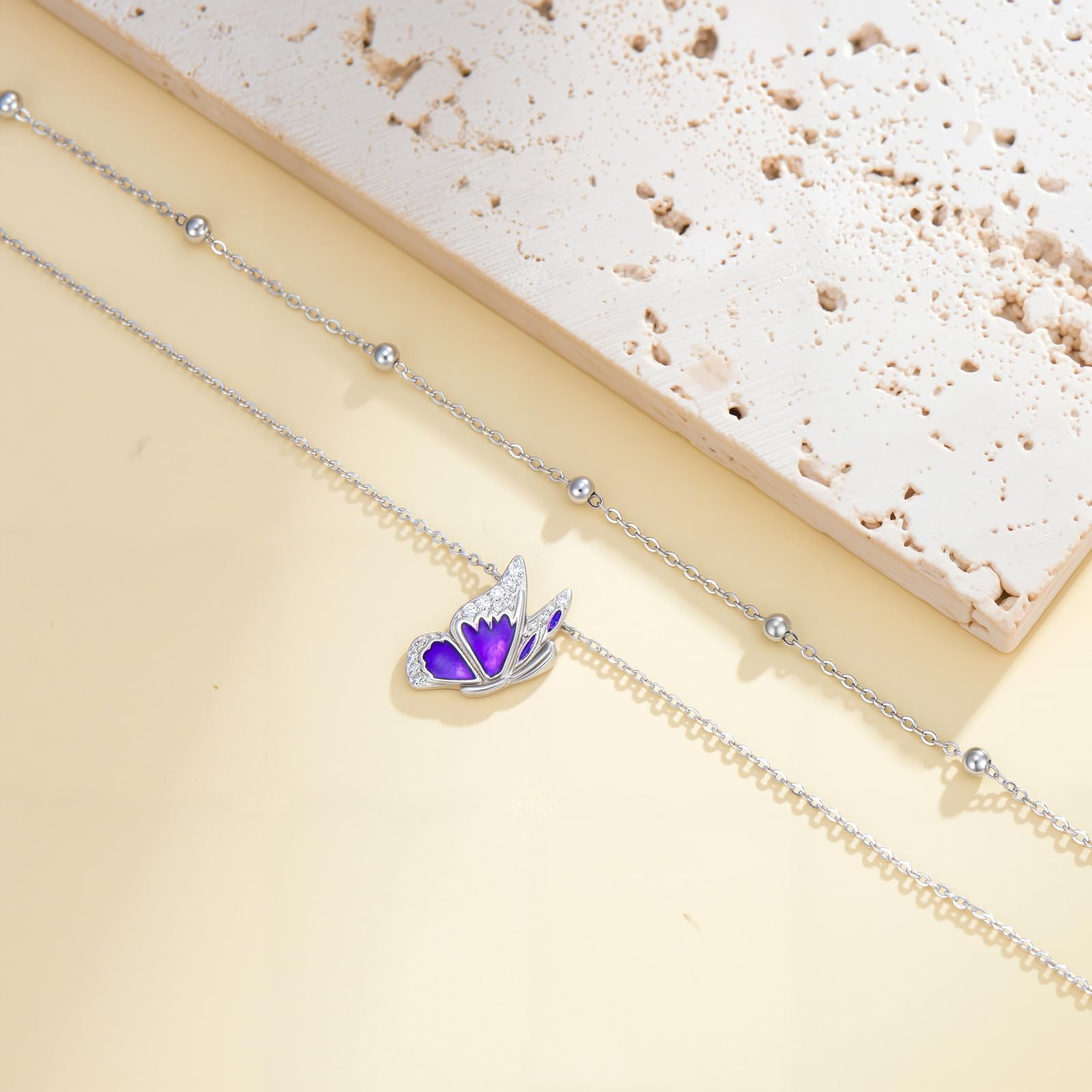 Cavigliera da donna in argento sterling 925 con farfalla colorata a doppio strato, con diamanti da laboratorio, impermeabile, regalo di compleanno