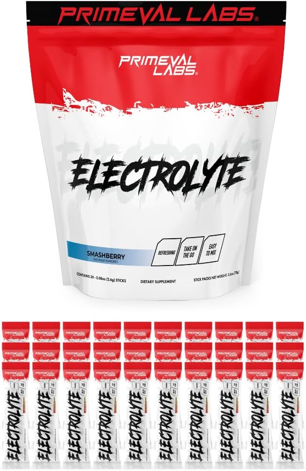 Primeval Labs Electrolyte Powder Packets - On The Go Powder Packets | Sugar Free | No Calories | Electrolyte Drink Mix | Hydration | Easy Open Single-Serving | 30 Stick (Smashberry)