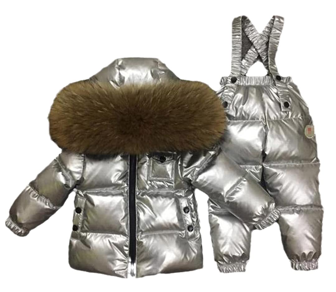 Children Winter Boys Girls Down Jacket Coat and Pants Silver Ski Suit 2 Pieces Natural Fur Collar Baby