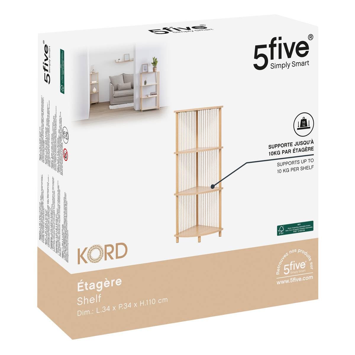 5 five simply smart 5five - Estantería esquinera Kord de 4 Niveles - Efecto Madera Beige Claro - Almacenamiento práctico y práctico - An. 34 x Pr. 34 x Al. 110 cm - Salón, Oficina, Dormitorio