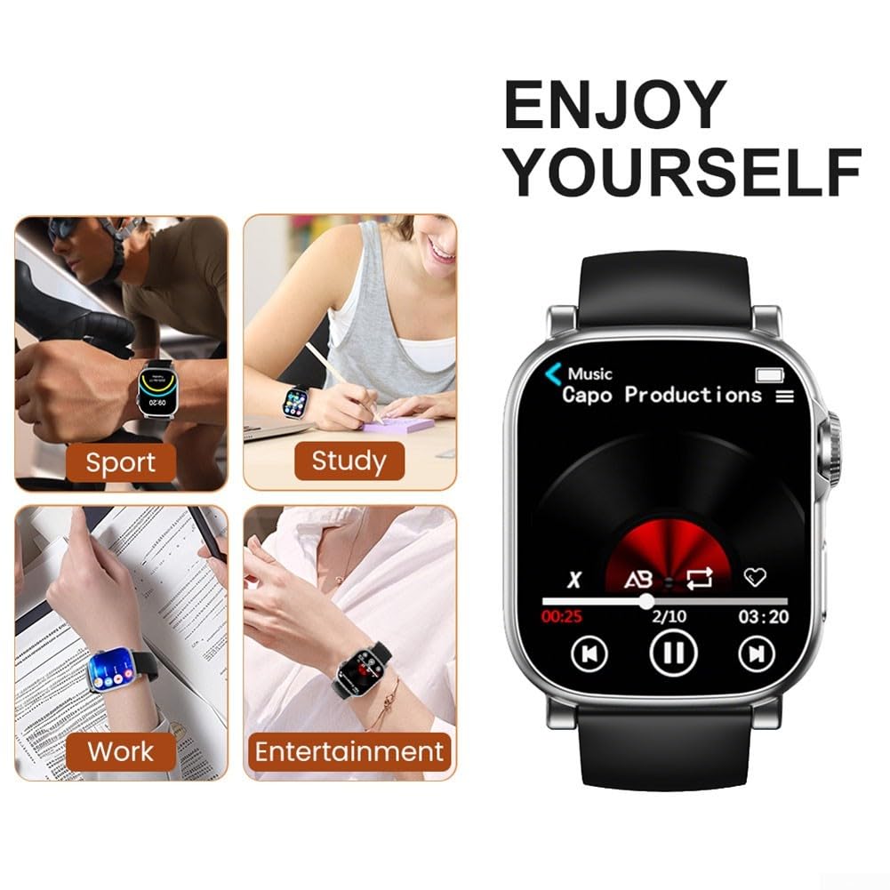 Reloj MP3 inalámbrico con pantalla táctil HD, reloj inteligente deportivo de metal de 2.01 pulgadas para función de reproductor de música y video (negro y gris, 64 GB)