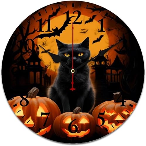 Relojes de pared de madera, decoración de Halloween, luna, gato, calabaza amarilla, reloj de pared redondo para cocina, funciona con pilas,