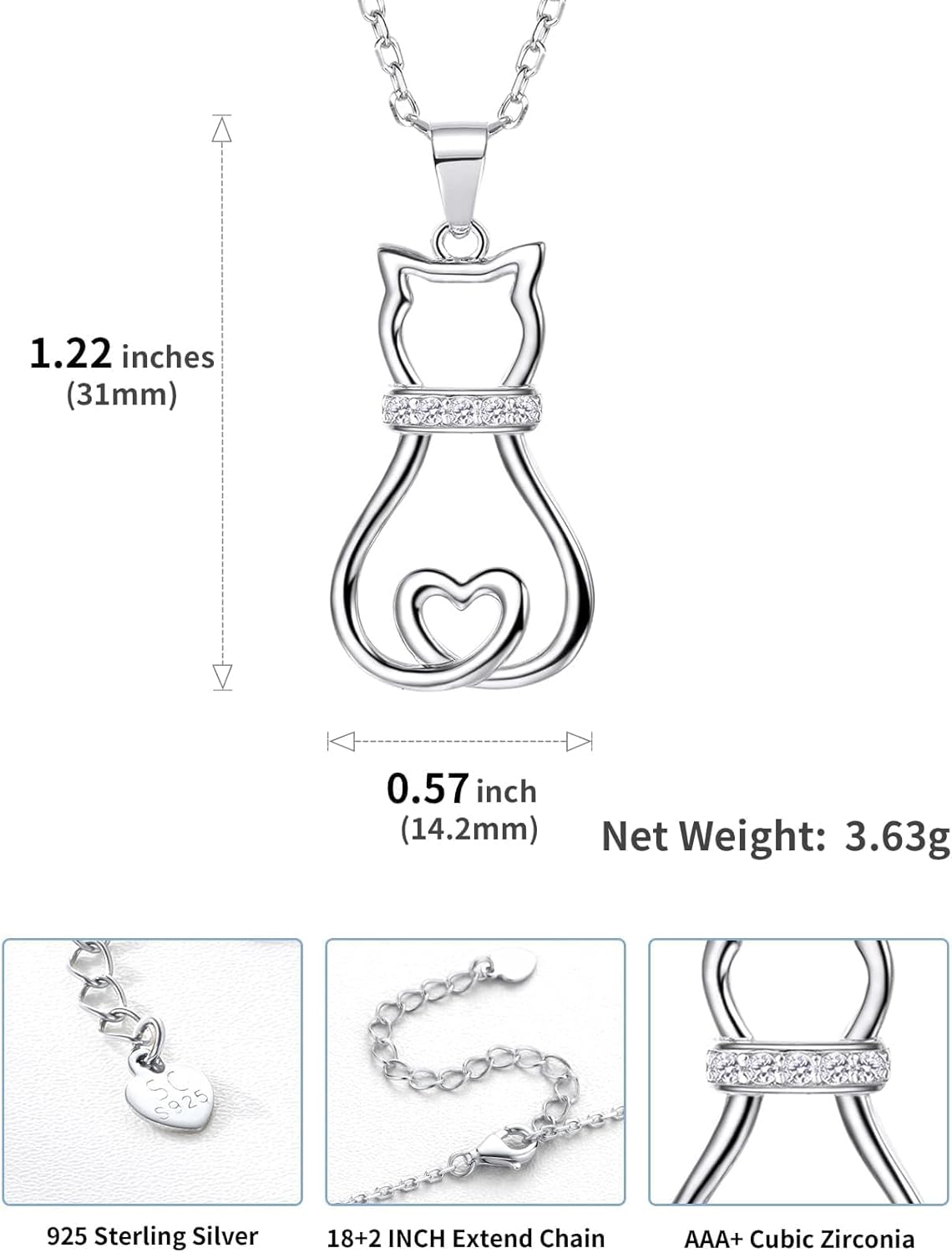 SILVERCUTE Cat Necklaces for Cat Lovers Sterling Silver Womens Jewelry S925 Kitten Pendant Cat Collarbone Necklace - Image 4