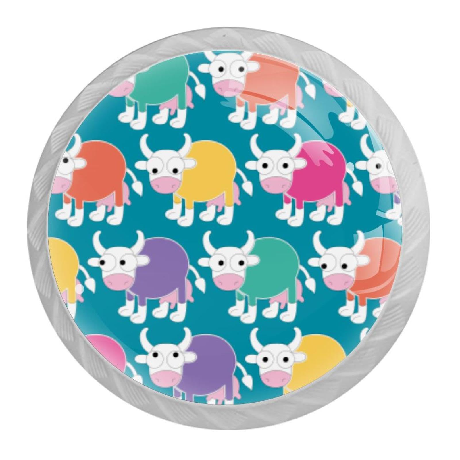Tqmspg Multi03 4 Pieces Drawer Pulls Cartoon Cow Pattern Door Knobs Dresser Handles For Kitchen Wardrobe Cupboard Hardware Furniture