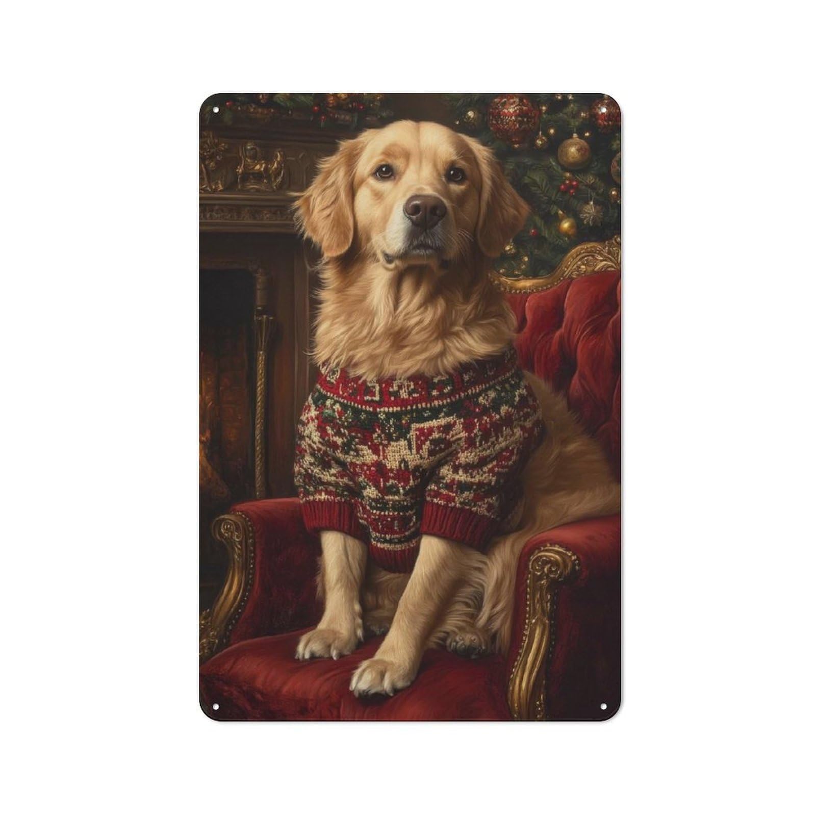 Junmoney Golden Retriever Christmas Portrait Warm Ch 30X20cm Rustic Metal Sign With Ristmas Dog Art For Hobby Room Or Studio, Metal Sign Decor For Hobby Rooms And Studios