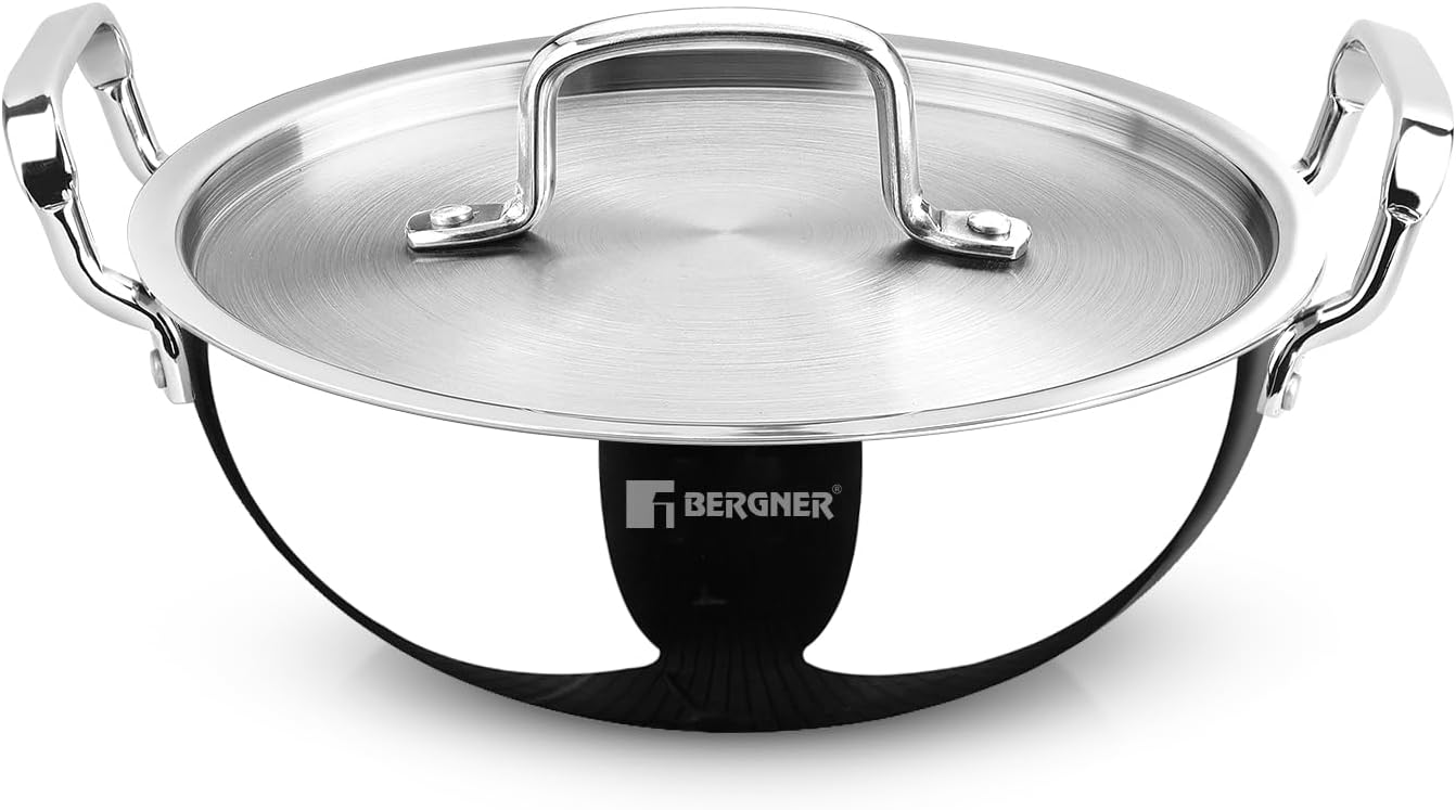 Bergner TriPro 24cm (3.10L) Tri-Ply Stainless Steel Deep Stir-Fry Pan, Kadai with Lid, Healthy Cooking with Less Oil, Metal Spatula Friendly Wok, Stay-Cool Handles, Induction & Gas Stove Compatible