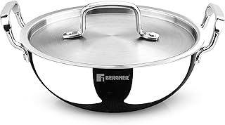 BERGNER TriPro Tri-Ply Stainless Steel 32cm (6 L) Deep Kadai/Kadhai with Stainless Steel Lid, Durable Stay Cool Handles, H...