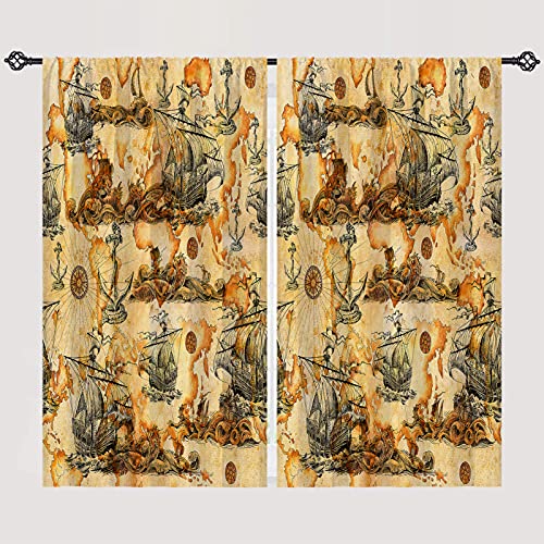 Anhope Nautical Curtains, Pirate Adventure Theme Window Panels With Vintage Sailboats Sea Dragons Monsters Rudder Print Pattern, Rod Pocket Curtain Drapes For Bedroom Living Room 2 Panels 28 X 48 Inch #TOP1