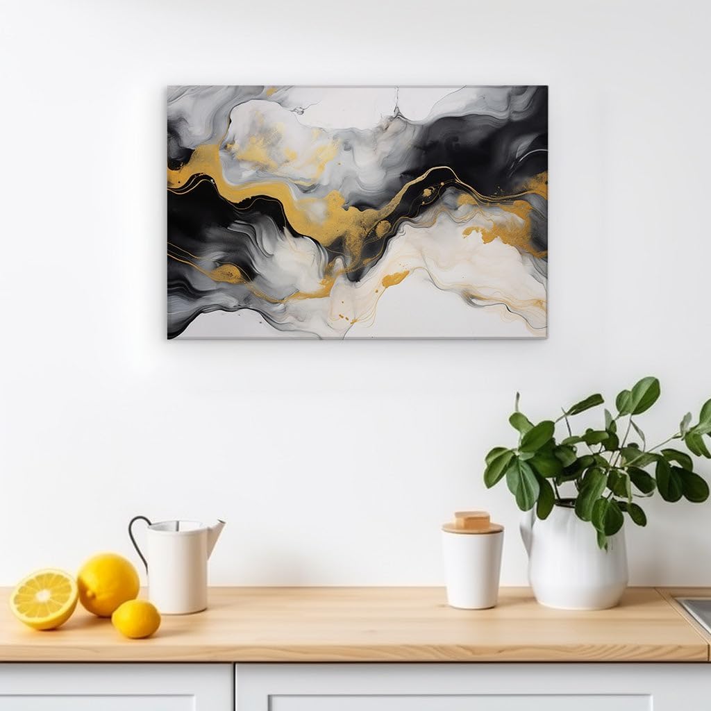 Canvas for Living room. Elegant Whispers of Liquid Marble: Capturing Motion in Black, White, and Gold, 27 x 18 inch Canvas Wall Art - Modern Home Decor