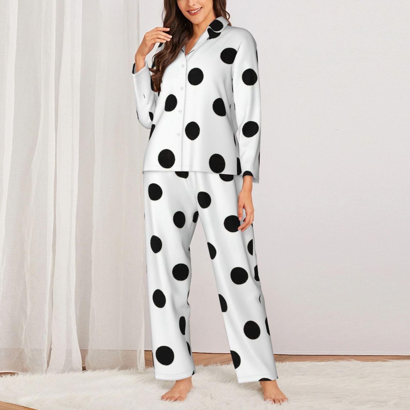 Pigiama da donna a maniche lunghe con stampa a pois morbido set da notte in due pezzi biancheria da notte giorno downtime