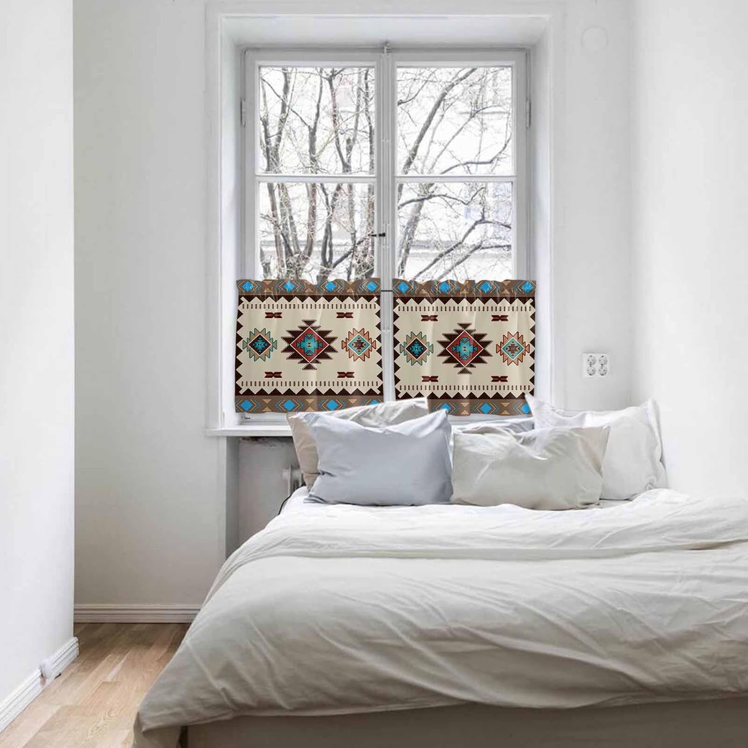 Southwestern America Tier Curtains 24 Inches Long, Ethnic Tribal Geometric Ethnic Vintage Rod Pocket Window Curtains Panels for Bedroom, Small Short Half Curtains Drapes for Cafe 55''x24''