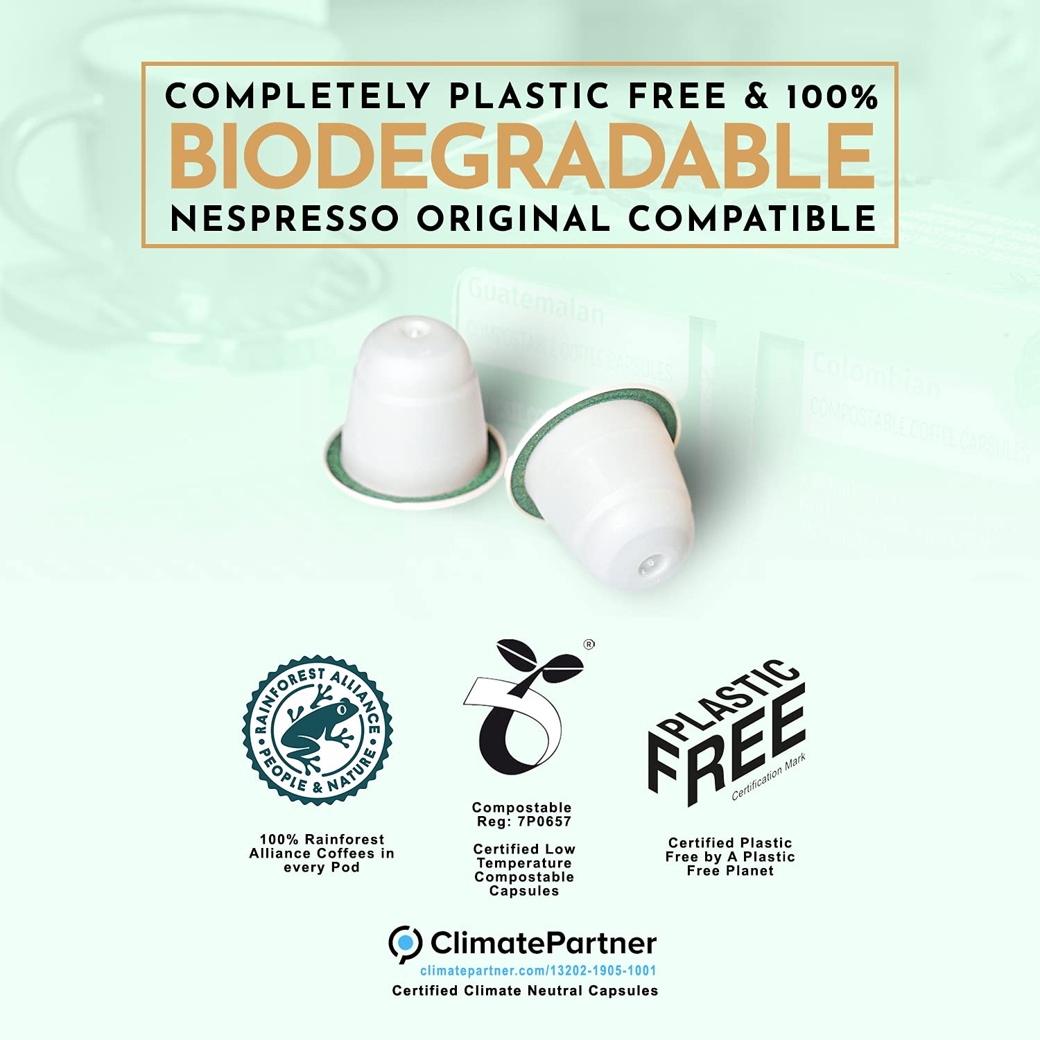 THE EDEN PROJECT Cápsulas de café compatibles con Nespresso, sin plástico, compostables, biodegradables, neutrales, 60 cápsulas, 6 paquetes de 10 unidades