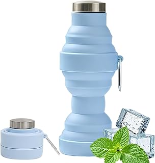 dellyy Trinkflasche Faltbar, 550ml Faltbare Trinkflasche Silikon, Bpa-Frei, Auslaufsicher und Tragbar, Geeignet fur Outdoor-Sport, Reisen, Pendeln, Camping, Laufen, Fitness (Blau)