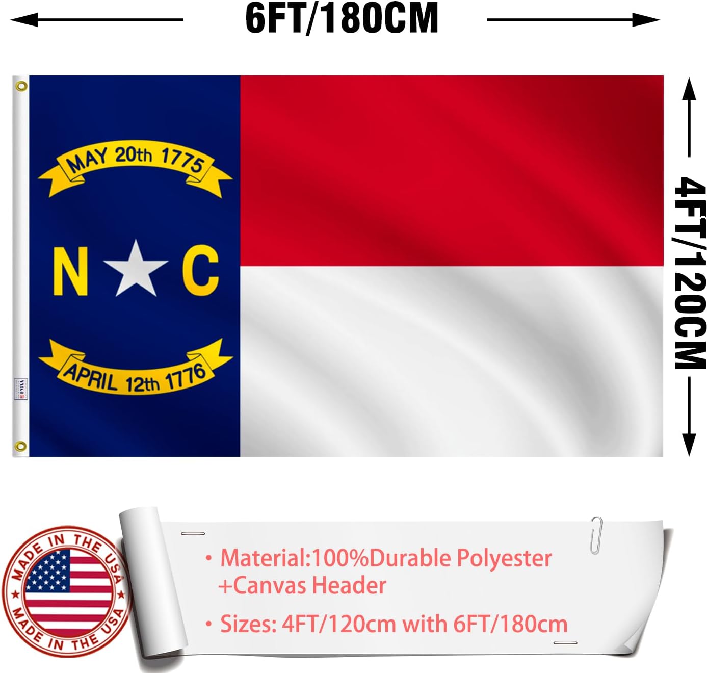 North Carolina Flag 4x6 Outdoor Made in USA - Double Sided Heavy Duty Vivid Color North Carolina NC Flags with 2 Brass Grommet