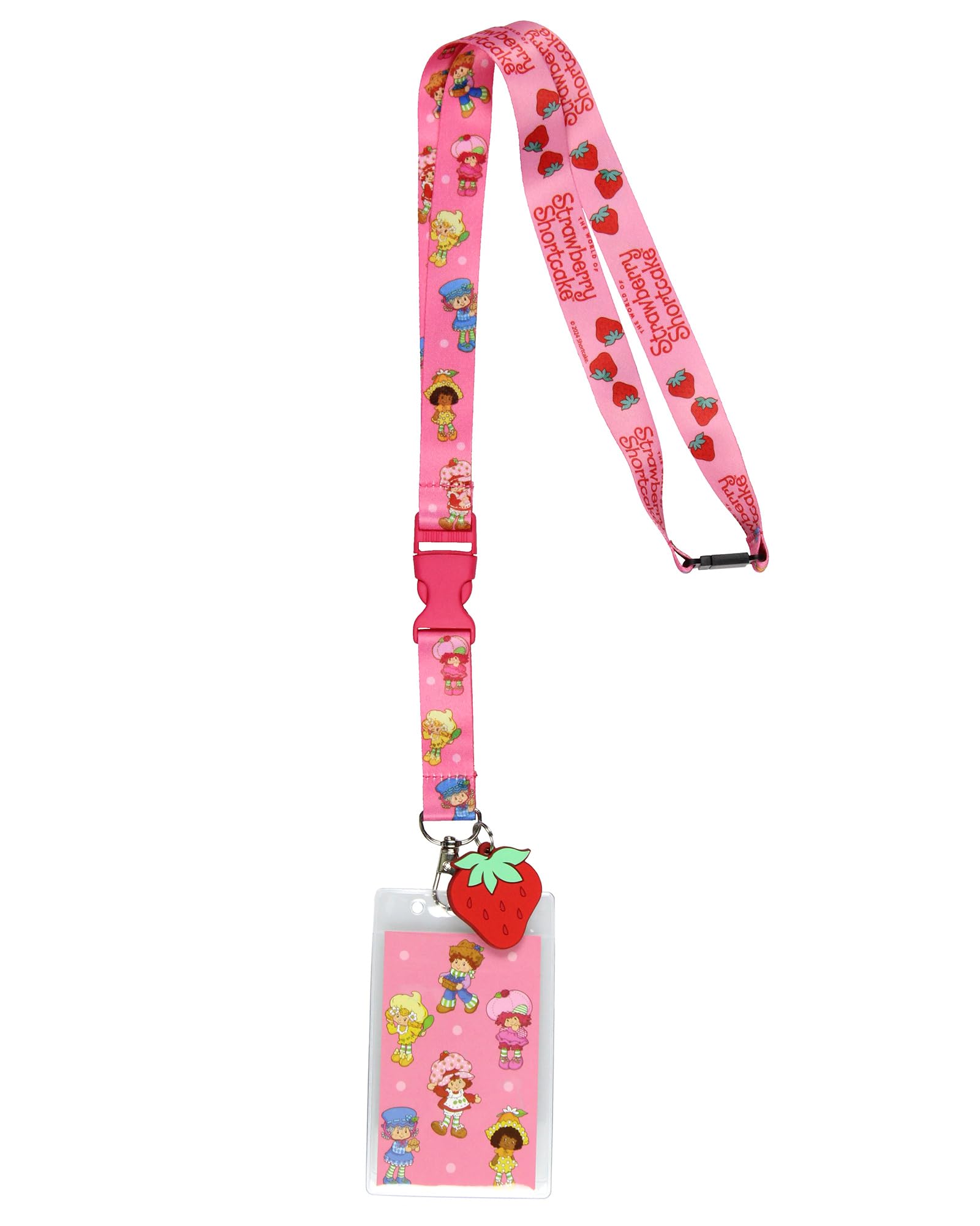 Strawberry Shortcake Lanyard Badge Holder Strawberryland Friends Reversible Design with 2" Strawberry Rubber Pendant