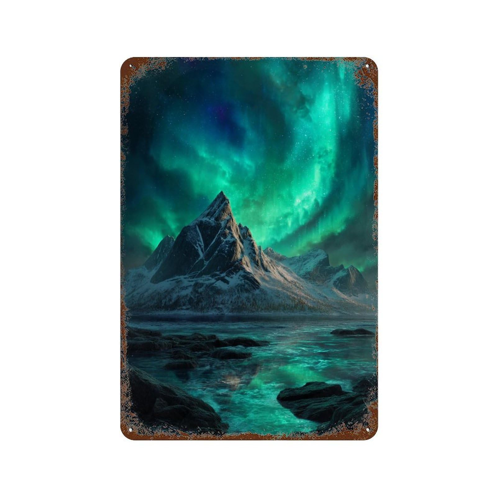 Aurora Borealis Mountain Landscape Rustic Tin Plaque 11.8"x7.9", for Pub, Kitchen And Man Cave Decor, Vintage Wall Decor