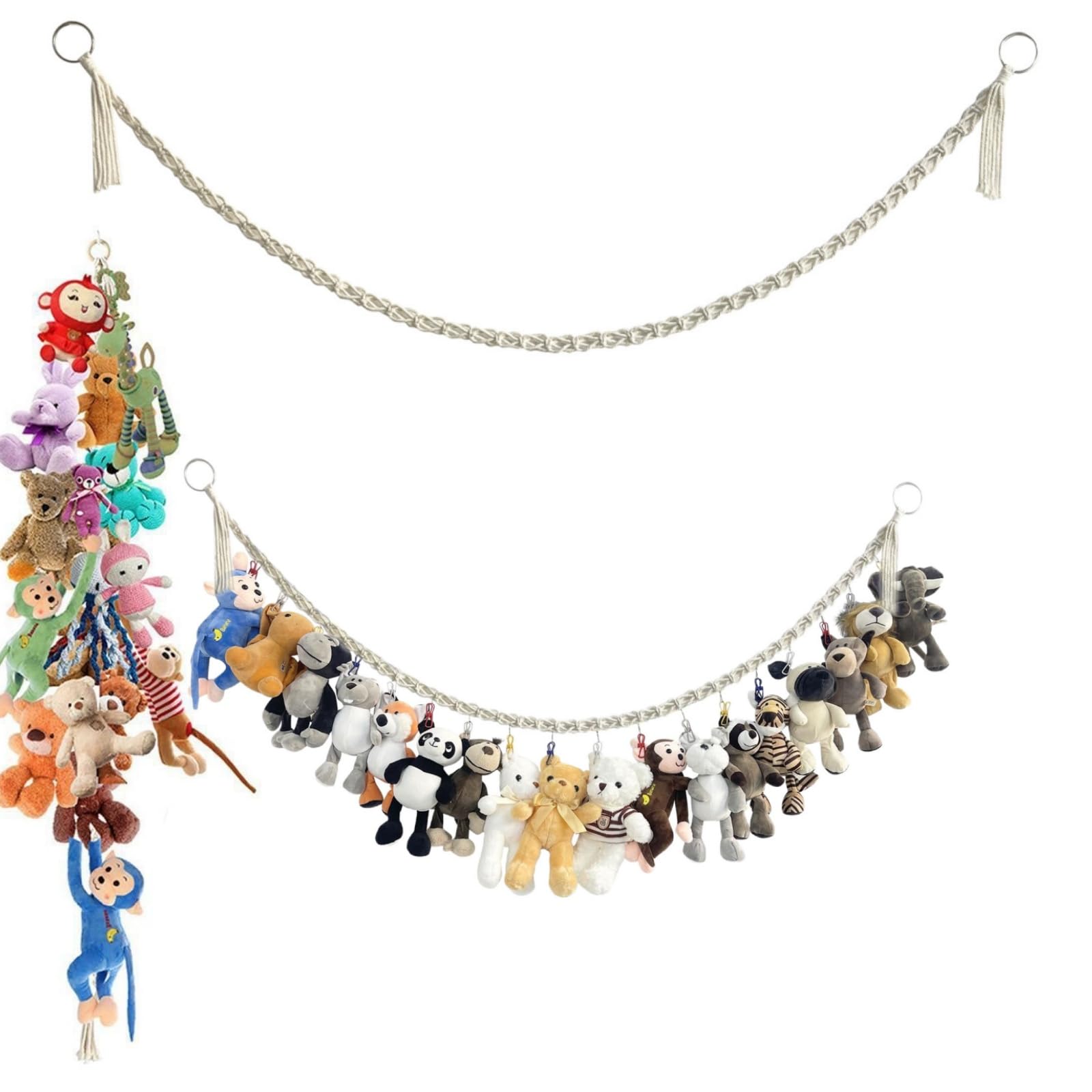 Kuscheltier Aufbewahrung, 2M Handgeflochtenes Seil mit 18 bunten, großen, nicht scharfkantigen Clips, Bohemian-Stil, Seil für Schlafzimmer, Kinderzimmer, Dekoration, Stofftier Aufbewahrung