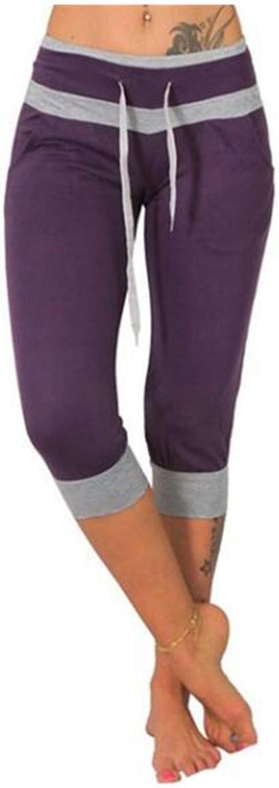 VimoliWomen's 3/4 training trousers, sports fitness shorts, elegant jogging bottoms, leisure trousers, barmuda relaxation capri trousers, yoga trousers for holidays, sports and leisure, D Purple, L