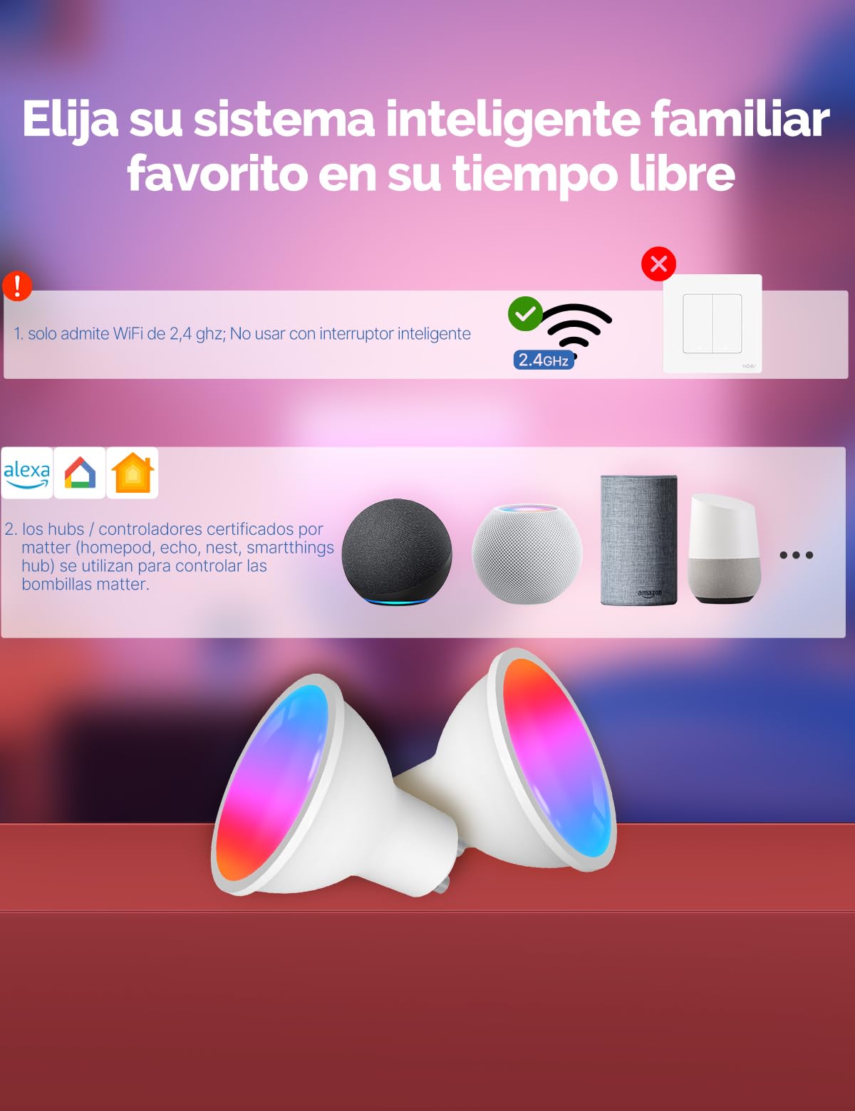 MOES Bombilla Inteligente Led gu10 Wifi y Matter, RGB 2700K-6500K Regulable Calida/Blanco Frio, Compatible Con Alexa/Google Home,Apple HomeKit,Smart Things, Paquete de 4