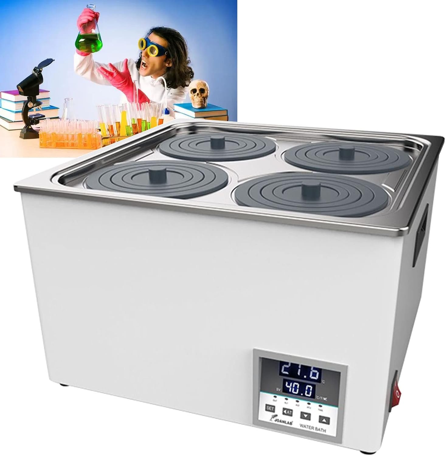 Four Holes Lab Digital Thermostatic Water Bath, RT 5 to 99.9°C, Stainless Steel Inner Tank Electric Heating Water Bath, 360° Cycle Heating