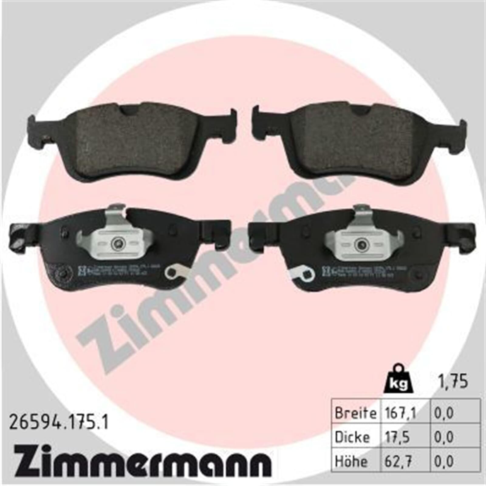 ZIMMERMANN Kit pastiglie freni Anteriore Con contatto segnalazione usura 26594.175.1 Compatibilità con RENAULT Kangoo 3 Box Body/MPV Kangoo 3 MPV, NISSAN Qashqai III J12, DACIA Duster III P1310 | Compatibile con: MERCEDES-BENZ CITAN Kasten/Großraumlimousi