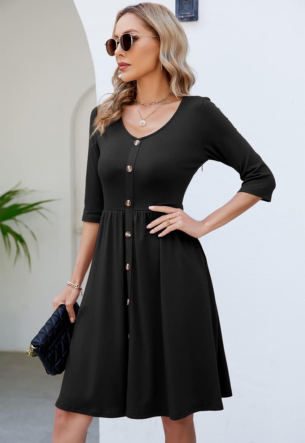 Lamilus Women's Casual Fall 3/4 Sleeve V-Neck Button Down A-Line Swing Party Dress - Image 4