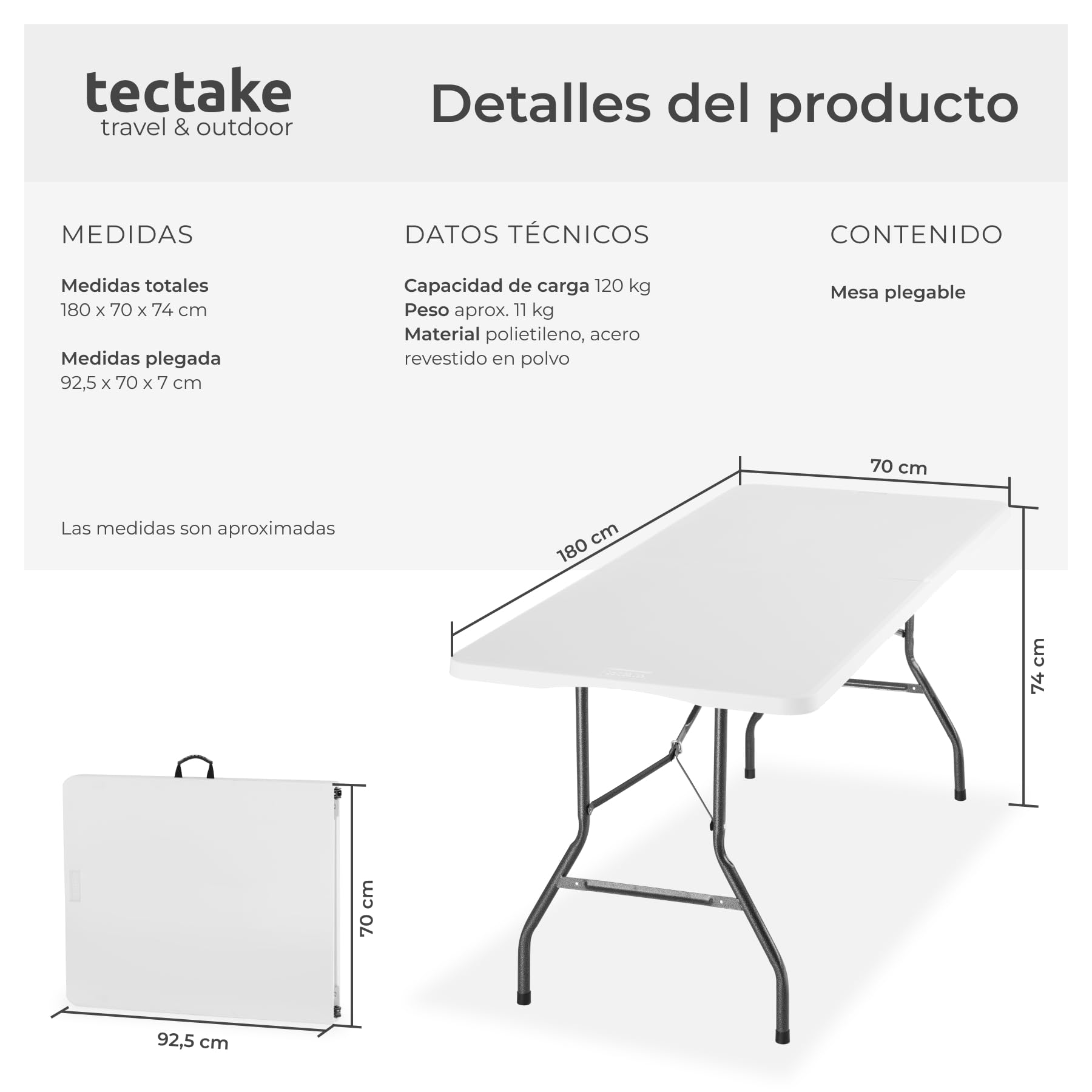 tectake® Mesa Plegable Camping Portatil 70 x 180 x 74 cm, Mesa Auxiliar Jardin, Mesas Plegables, Campismo, Asa de Transporte, Cierre de Seguridad, Carga 120 kg - Blanco