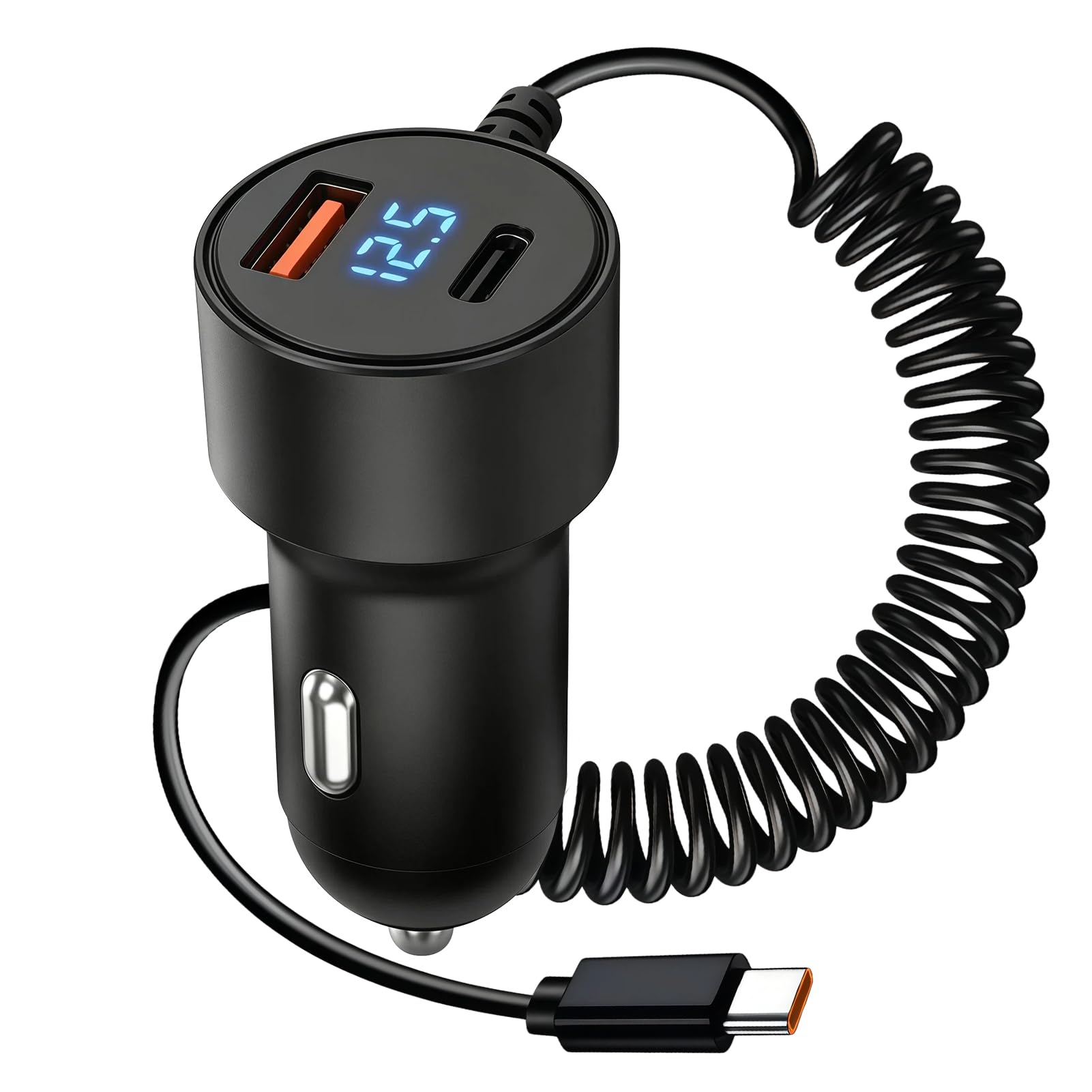 Caricatore per auto ricarica rapida 100 W con cavo USB C a spirale 1,5 m integrato, caricatore accendisigari auto con USB C PD e USB A QC3 0, caricatore auto USB C universale 12 V 24 V