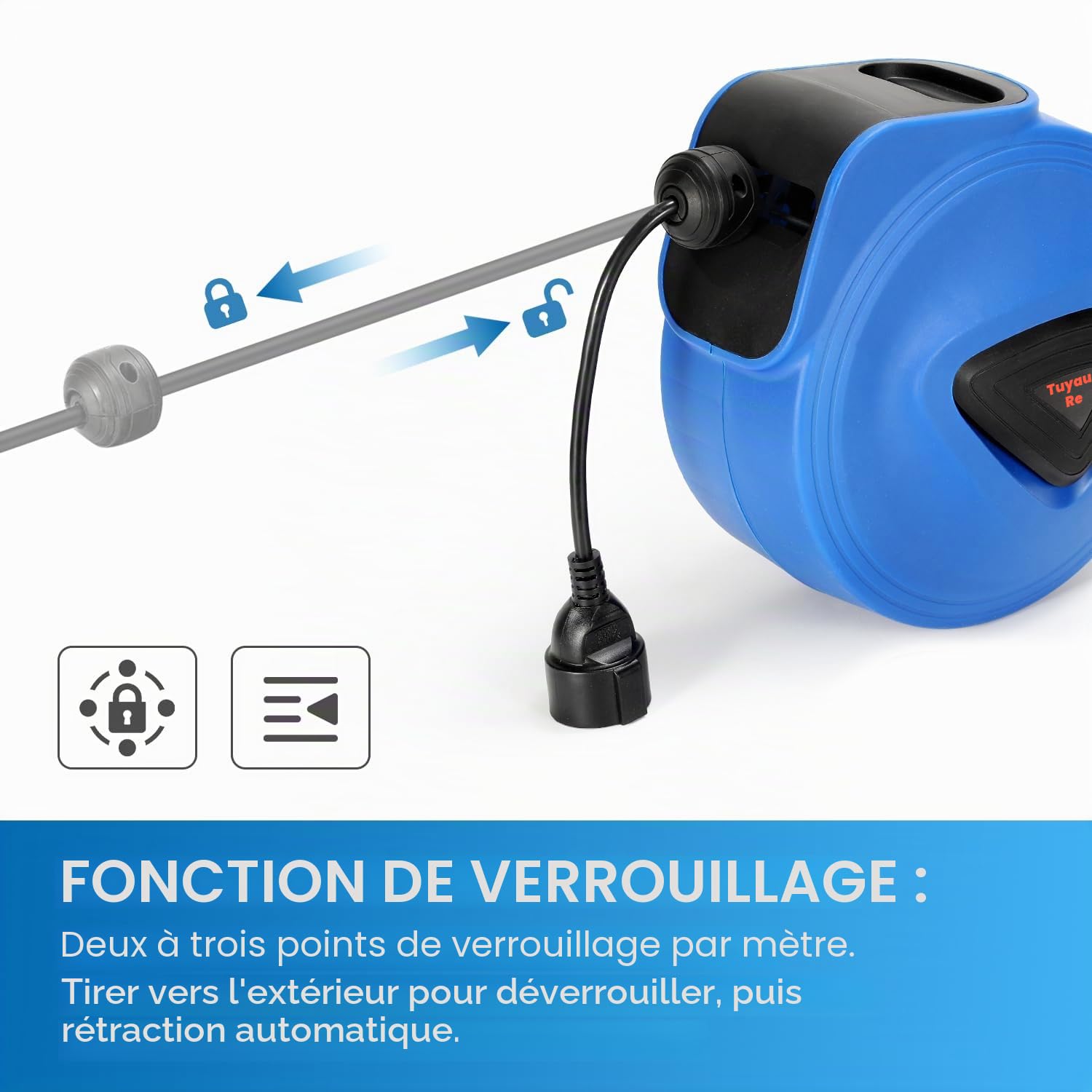 Enrouleur automatique de câble 20M+1,5M, enrouleur de câble avec fonction d'arrêt, câble d'extension, avec support mural pivotant à 180°, pour montage mural