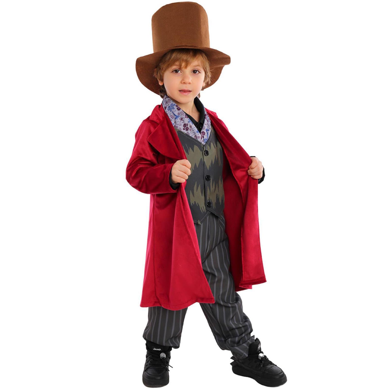 BIPDOVO Kids Fantasy Confectioner Costume, Red Ensemble with Brown Top Hat, Magician Outfit for Theme Parties Halloween