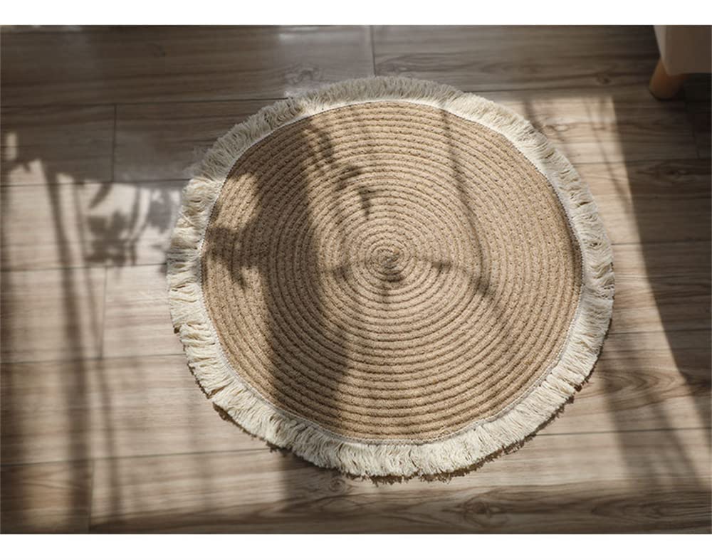 Tapis Jute Naturel Rond, Tressé à la Main Fibre de pour Salon Chambre Décoration Naturelle Moquette Tissé Main Salle Manger Salle Fibres Naturelles Coton Recyclé Crème(marron1,80x80cm)