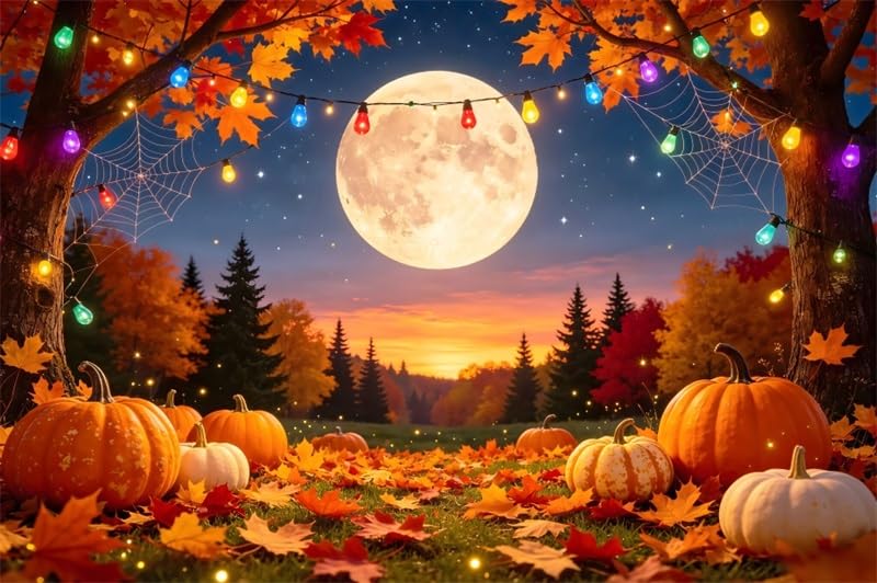 Toile de fond photographie d'automne lune citrouille et guirlande lumineuse