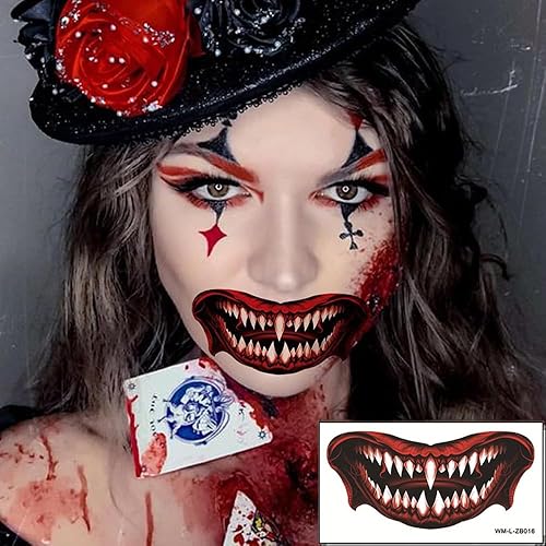 Miniatura 3 de Maquillaje de broma de Halloween, tatuajes temporales para mujeres adultas, juego de 10 hojas con diseños de boca de payaso aterrador, dientes y cara