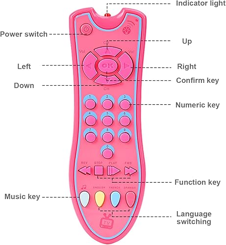 Miniatura 6 de Juguete de control remoto de TV para bebés con luz y sonido, juguete de control remoto realista para niños con inglés, francés, español 3 idiomas,