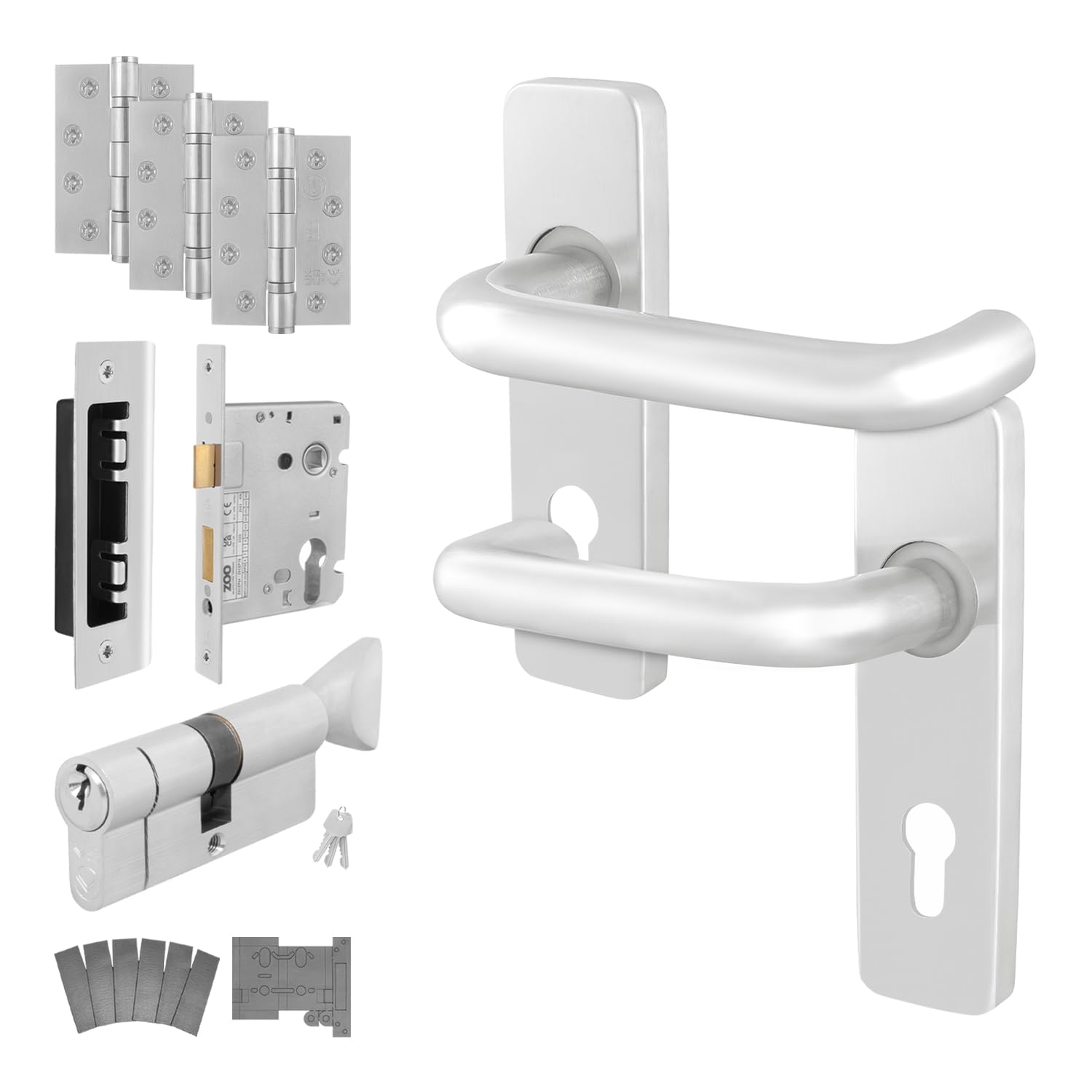 EAI Return to Door Handle on Backplate Euro Cylinder Lock, Hinge Kit for Fire Doors, Satin Aluminium 19mm Diameter Handle