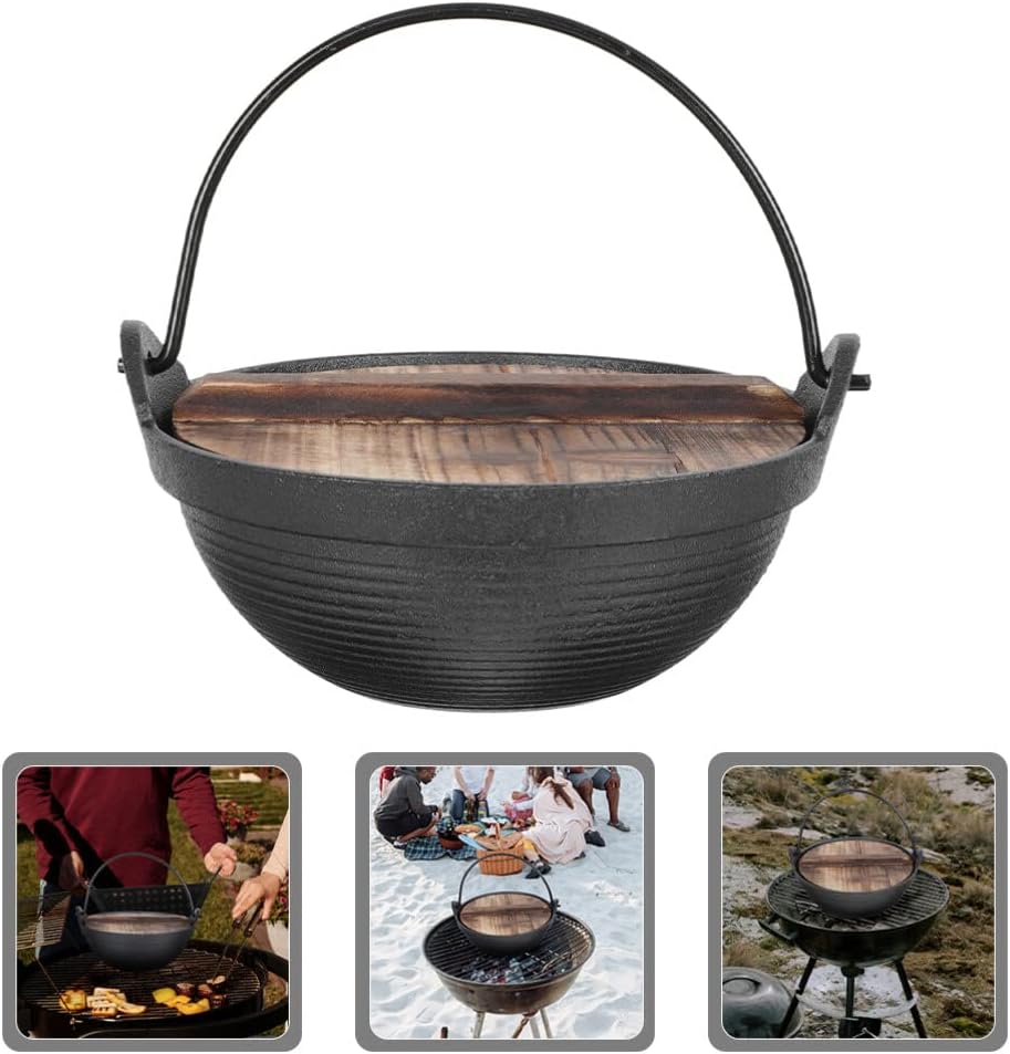 Kichvoe Japanese Style Cast Iron Hanging Cooking Pot Outdoor Sukiyaki Soup Pot for Camping and Stewing and - Lid