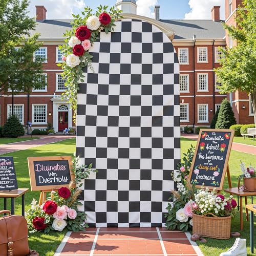 6.6FT Black and White Checkered Arch Cover - Spandex Fitted Chiara Backdrop for Racing Car Theme Birthday, Retro Disco Party, or Baby Shower Decoration (Cover Only)