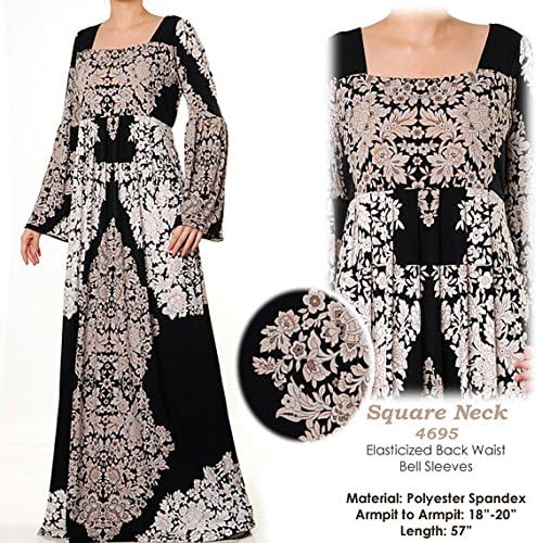 Islamic Dress Abaya 4695 : Floral Garden Square Neckline Islamic Abaya Long Sleeved Maxi Dress Size M/L