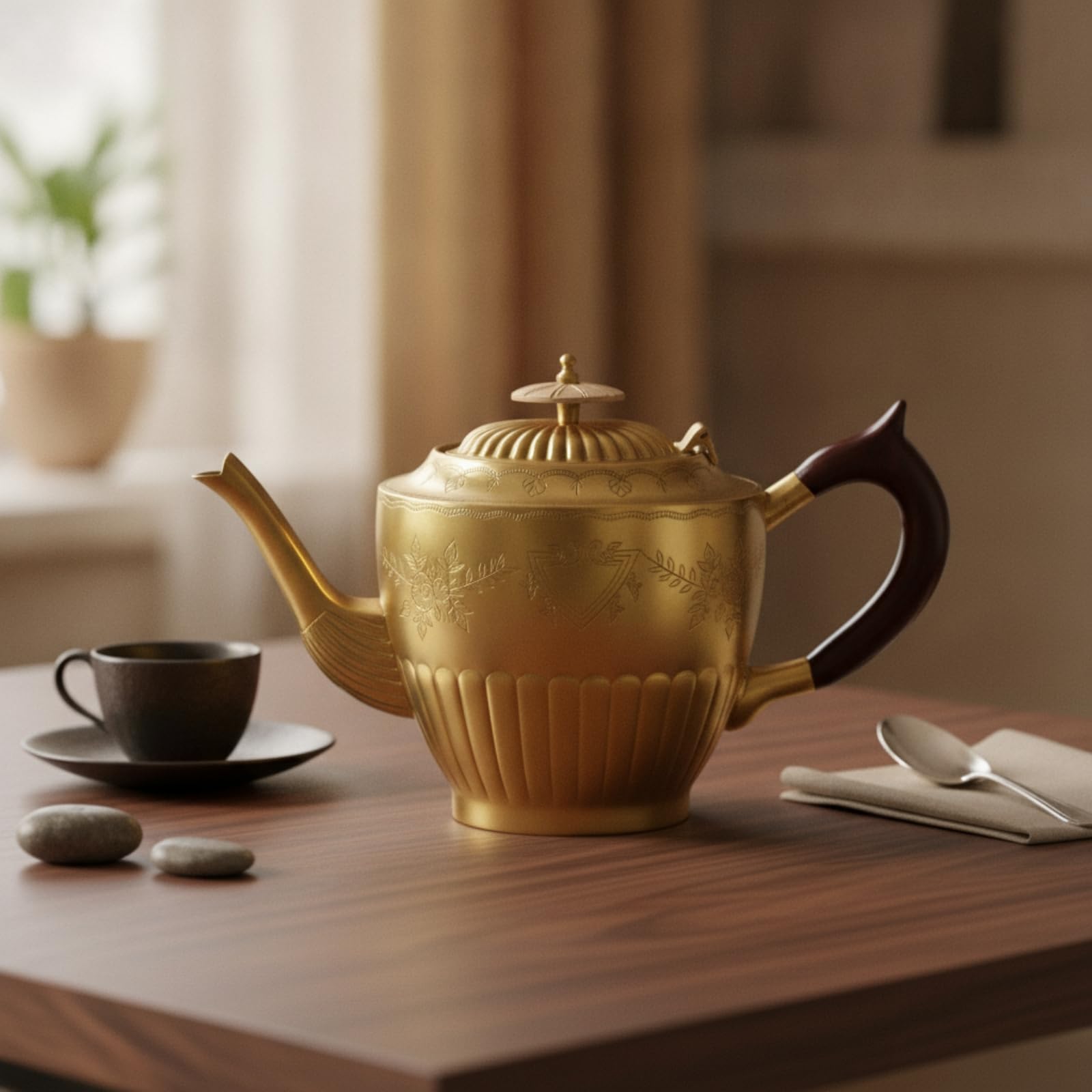 Teiera in Ottone Teiera Bollitore Caraffa Brocca con Lavorazione Artigianale Corpo Rigato a Profilo Tondo Coperchio Impreziosito Legno Scuro Metallo