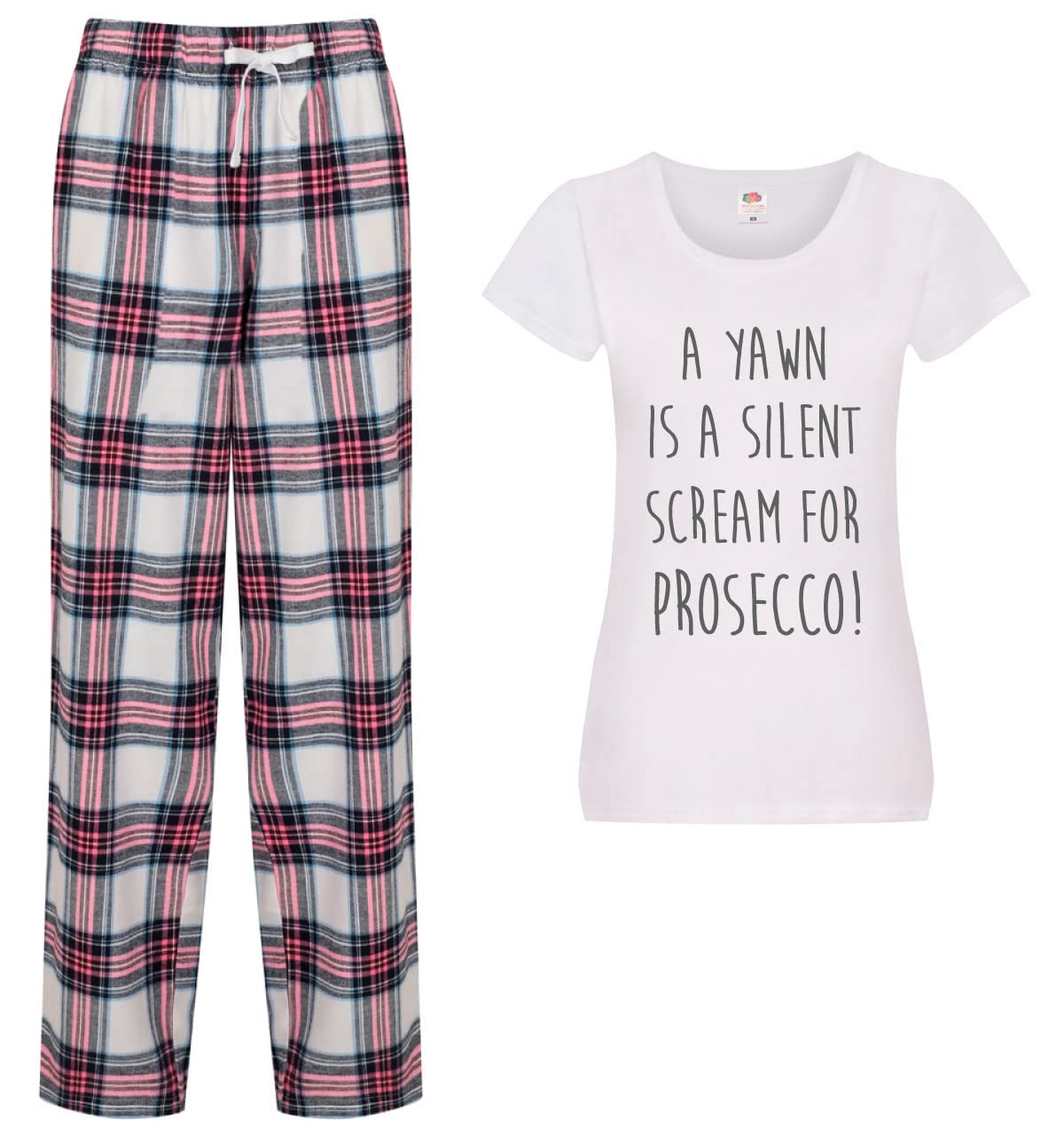 60 Second Makeover Women's Pink Limited A Yawn Is A Silent Scream For Prosecco Pyjamas Tartan Trouser Bottoms Pyjama French Bulldog