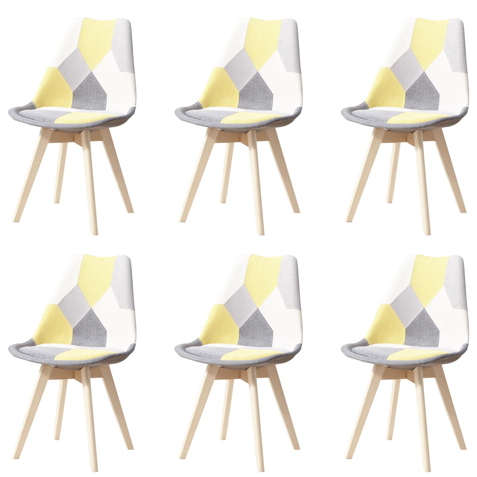 HJhomeheart Set di 6 Sedie da Pranzo in Tessuto Patchwork con Cuscino del Sedile e Gambe in Legno Massello per Sala da Pranzo, Soggiorno, Cucina, ecc. (Giallo Patchwork)