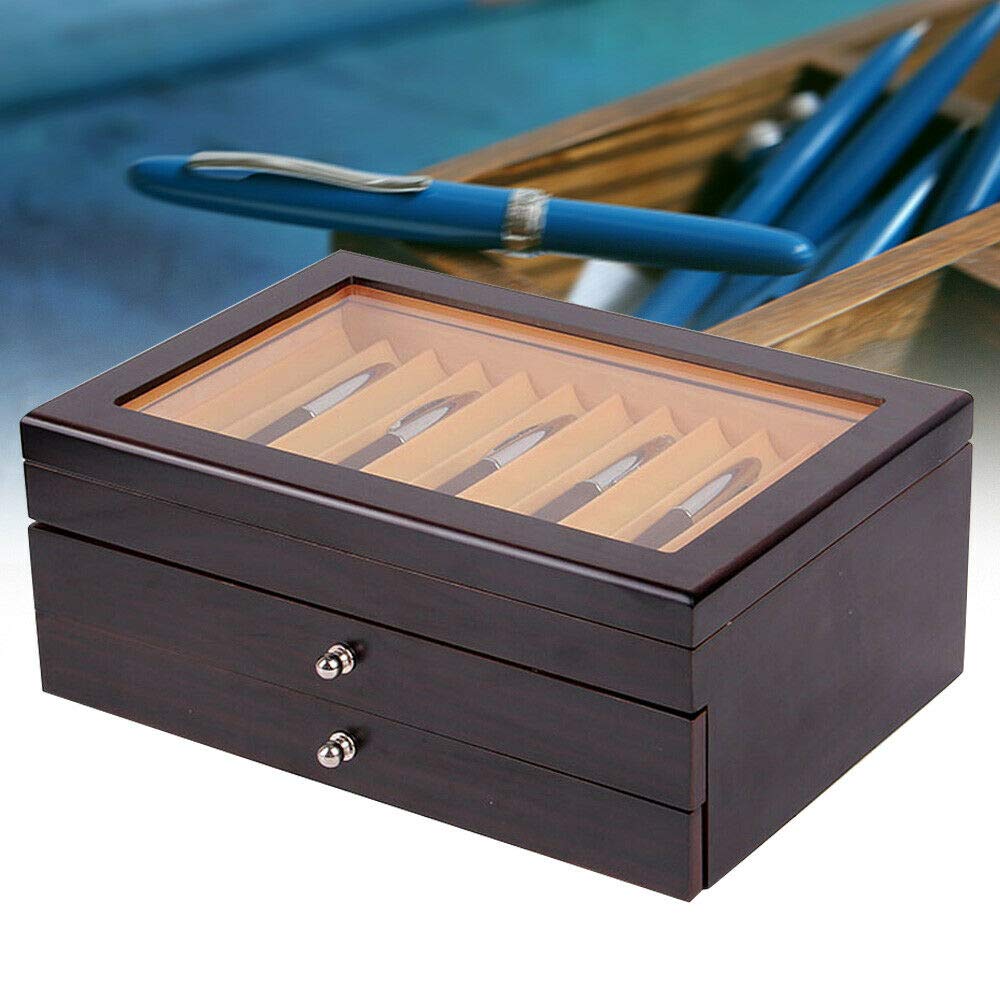 Stiftebox Holz für 34 Füller Stifte, Drei Ebene Vitrine mit Schubladen Schwarz Federhalter Display Box Organizer Box Geschenk für Freund