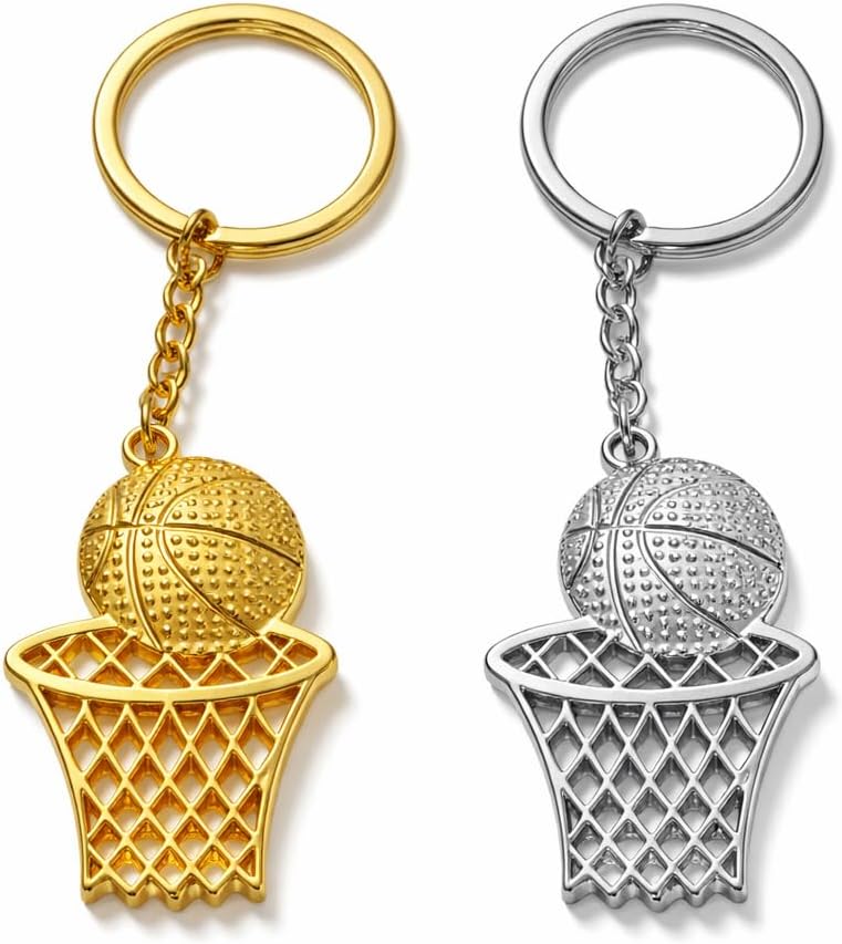 4PC Basketball Keychain with Hoop Metal Sports Keyring Gift for Basketball Lovers Gold and Silver