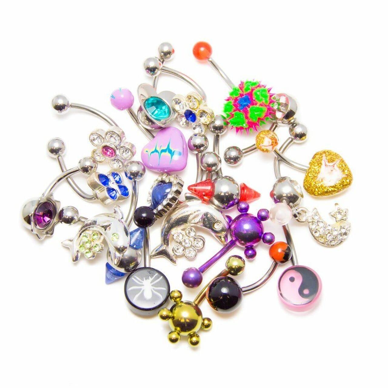 BodyJewelryOnline 12pcs 14G Surgical Steel Belly Button Ring for Women Belly Piercing Dangling Cute Heart Butterfly Navel Rings CZ Belly Ring Dolphin