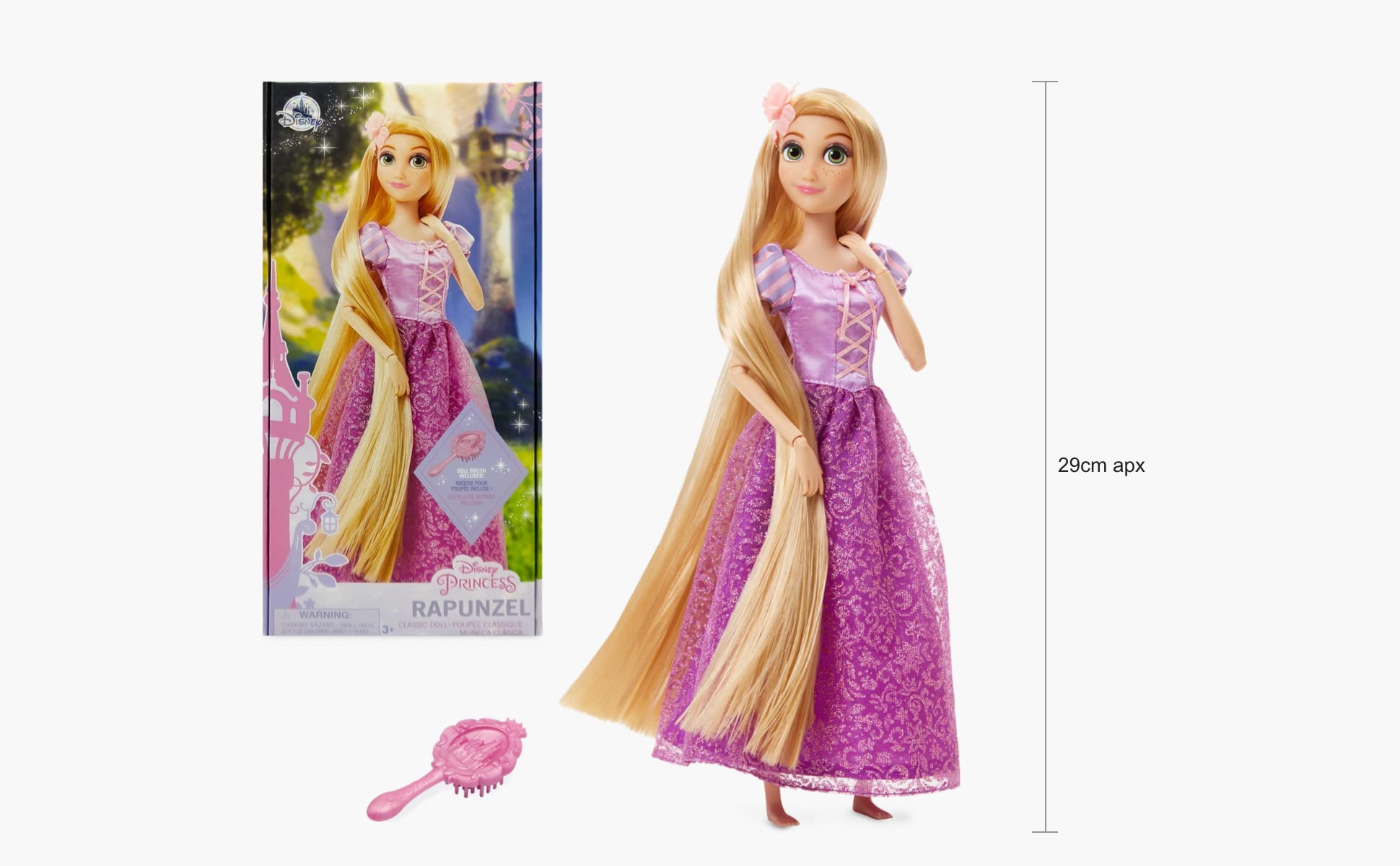 Disney Store Muñeca clásica de Rapunzel, Enredados, Altura: 29 cm, Incluye un Cepillo con Detalles labrados, muñeca Completamente articulada con un Vestido Brillante, para Mayores de 3 años