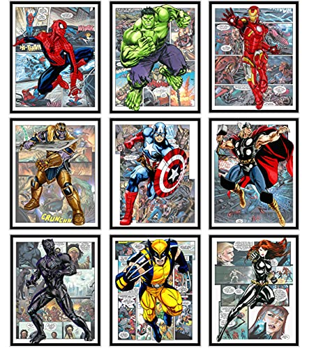 Superhero Avengers Marvel Watercolor Posters Prints Pictures Wall Art Decor Decorations Gifts Merch Comics Characters for Boys Room Nursery Kids Rooms Bedrooms Toddlers Teens Bathrooms Girls Rooms - 8x10 Inches UNFRAMED Set of 9 by GROUP DMR (SHR)