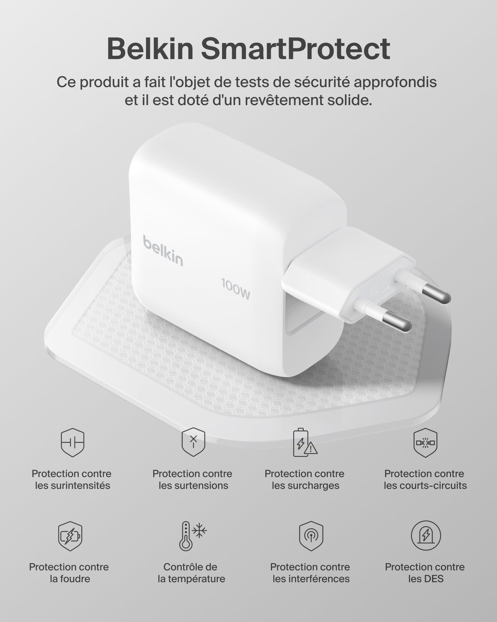 Belkin BoostCharge Chargeur Secteur GaN USB-C 100 W, Chargeur Compact Et Pliable, Recharge Rapide, pour iPhone 17, Samsung Galaxy S26, Pixel 10, Tablette, MacBook, Câble USB-C 1,5 m Fourni - Blanc