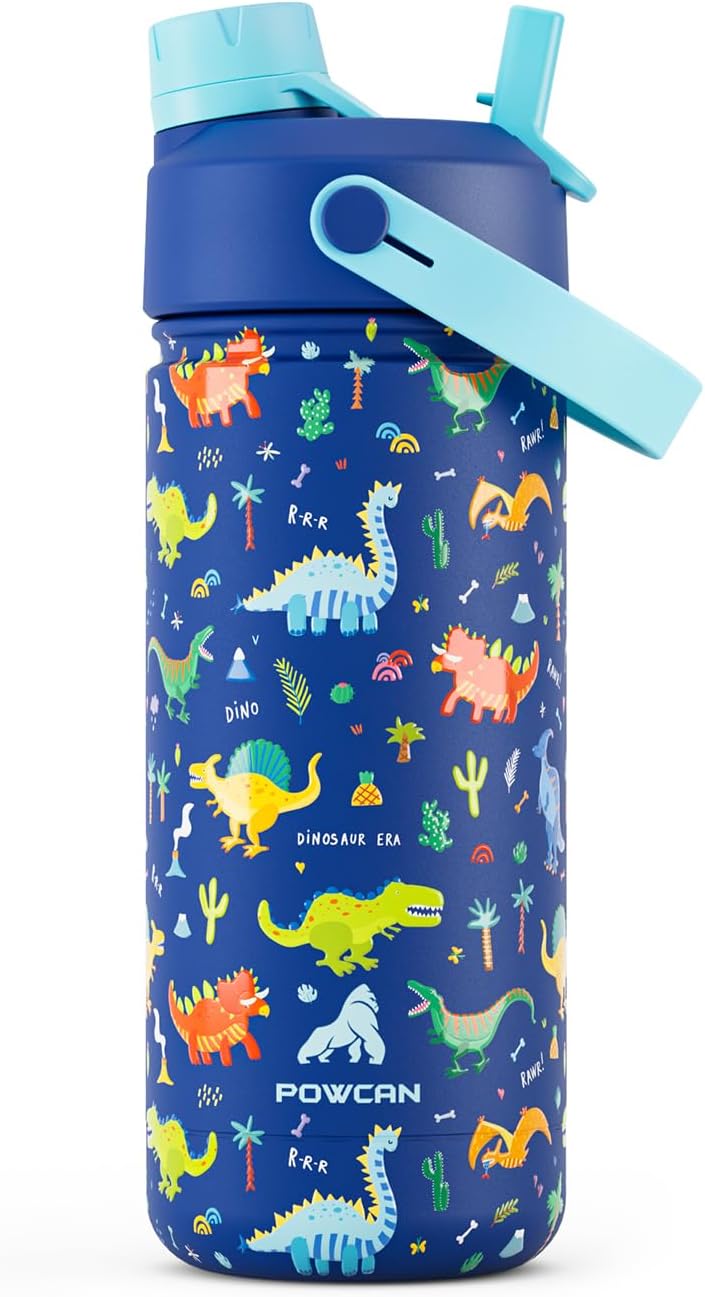 18 oz Kids Stainless Steel Water Bottle: Spill-Proof, Insulated Cup with Straw Spout Lid, BPA-Free, Car Cupholder Friendly, Durable, 24H Cold for Camping, Sports, Birthday Gift for Boys (Dinosaur-Era)