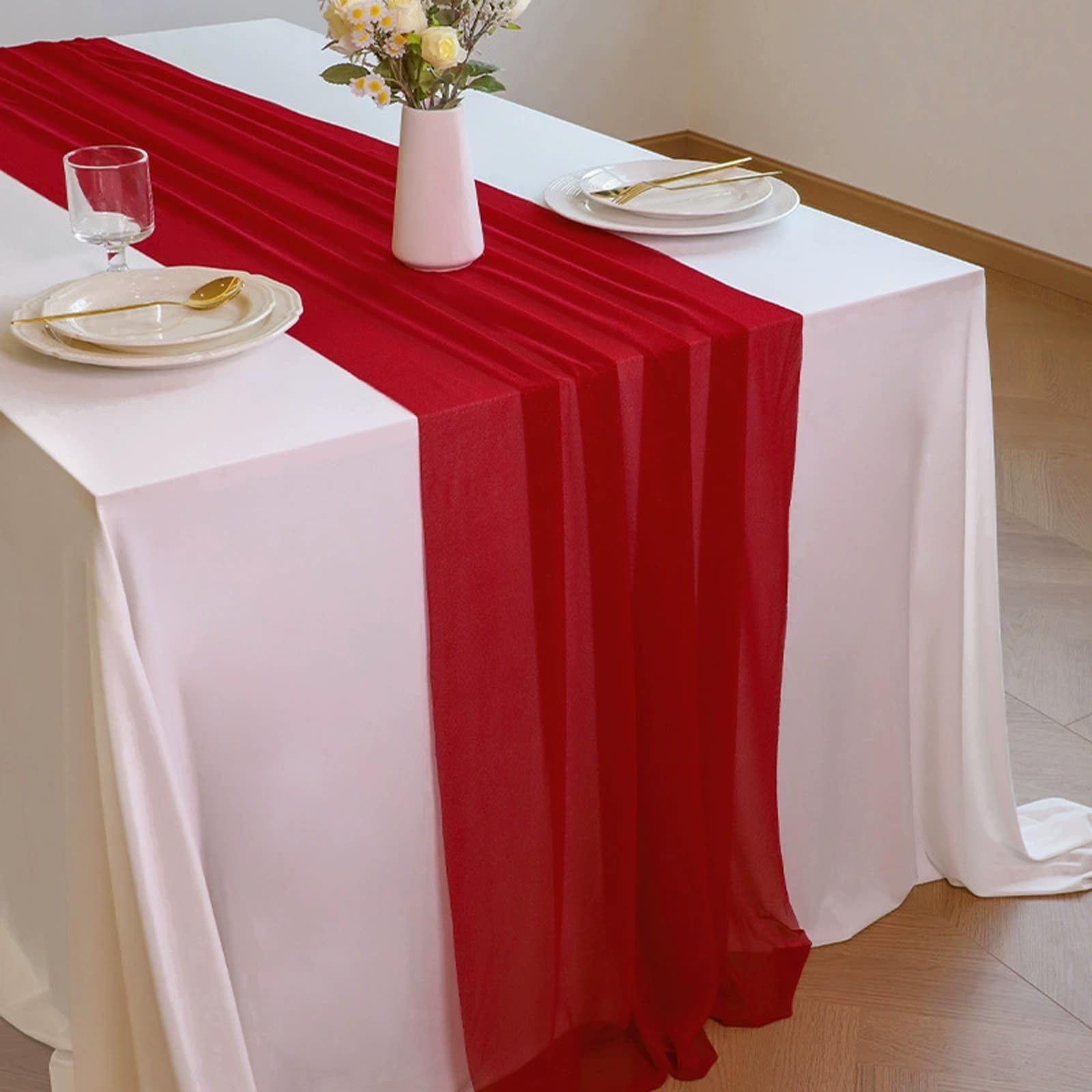 Camino de mesa de gasa color rojo vino, suave y cómodo, para decoración de bodas, fiestas, bautizos, vacaciones, grandes despedidas de soltera, cocina, fiestas de cumpleaños, 12 paquetes (75 x 300 cm)